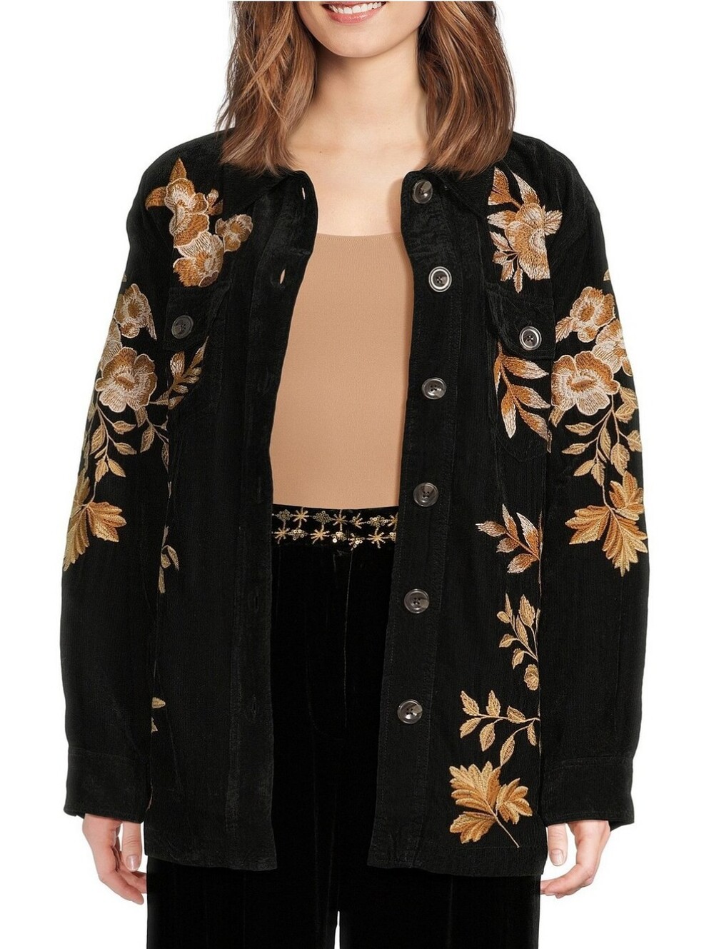 NWT BEAUTIFUL Johnny Was Black Velvet Embroidered Floral Oversized Shirt Jacket